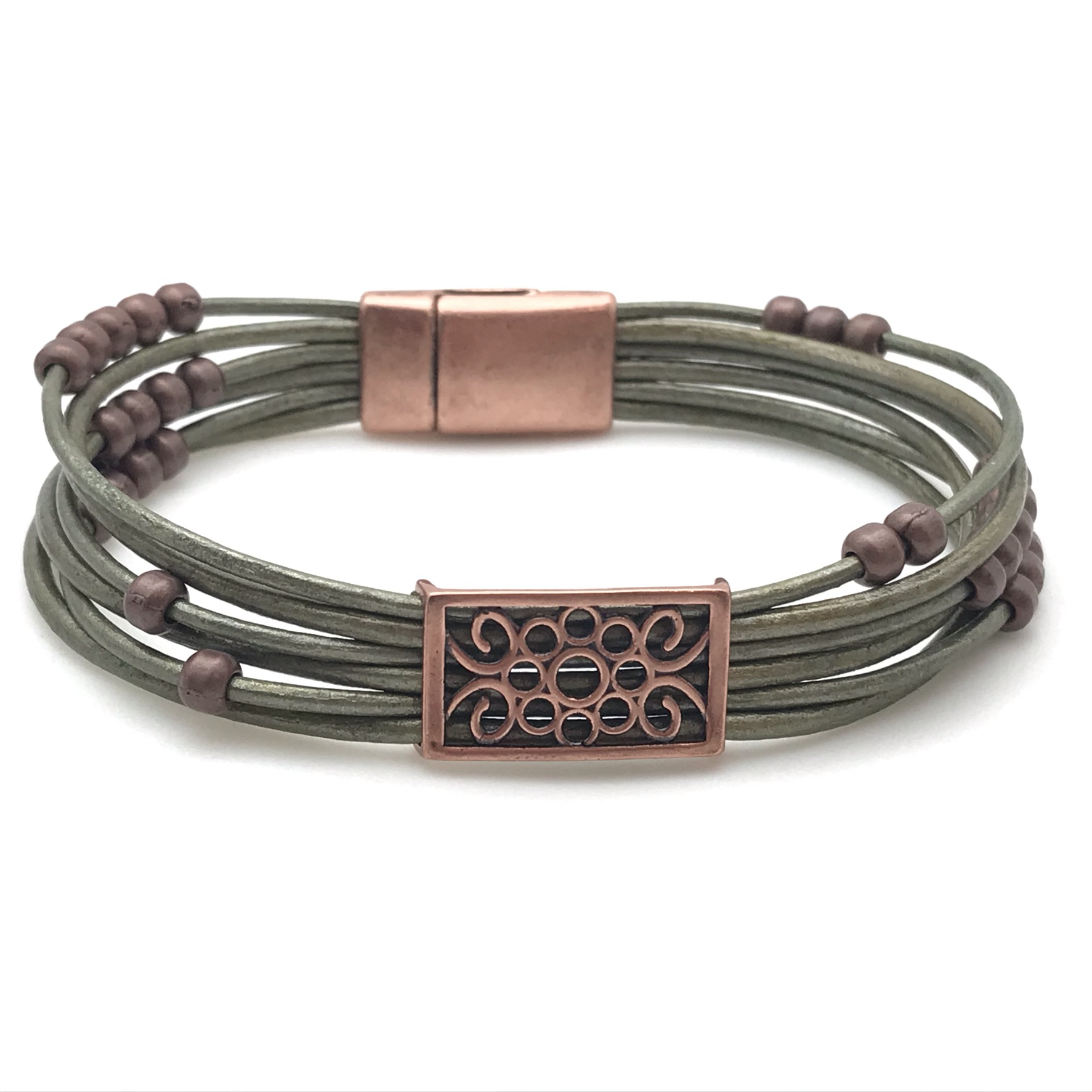 Leather Bracelet Kit Copper Flower Frame on Metallic Sage Green Leather